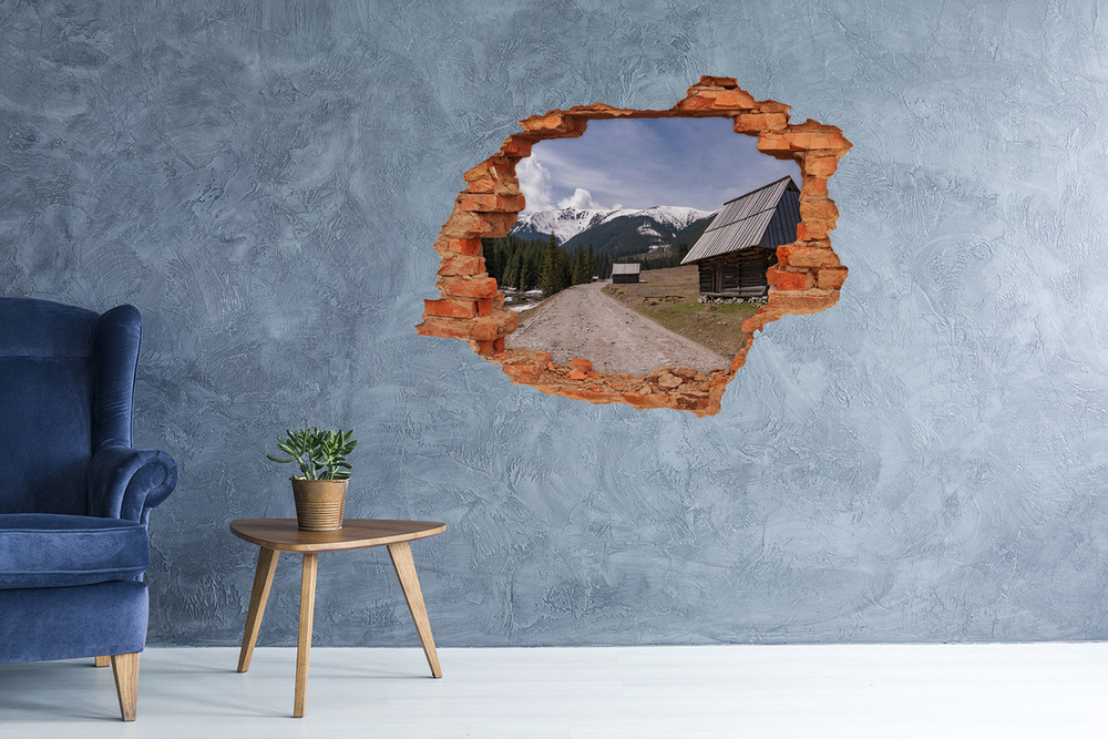 3D wall hole wallpaper House in mountains