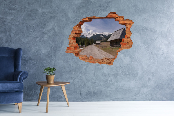 3D wall hole wallpaper Mountain landscape with huts