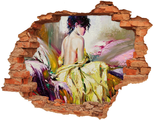 3D wall hole wallpaper Woman in a yellow dress