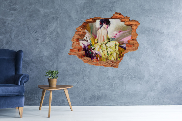 3D wall hole wallpaper Woman in a yellow dress