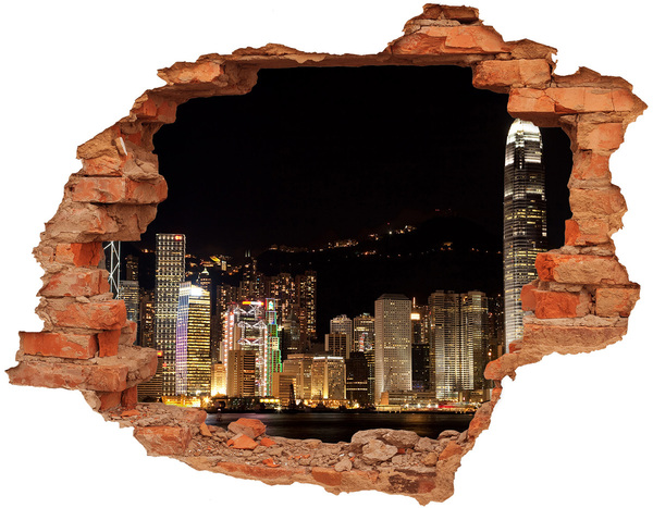 3D wall hole Night panorama of the city
