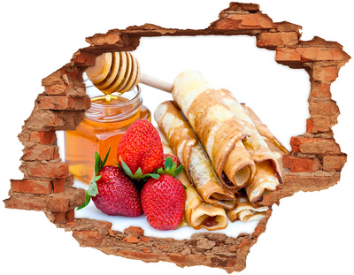 3D wall hole Delicious pancakes with strawberries