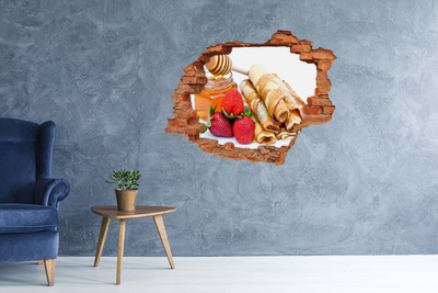 3D wall hole Delicious pancakes with strawberries