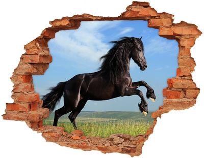 3D wall hole Black horse in the meadow