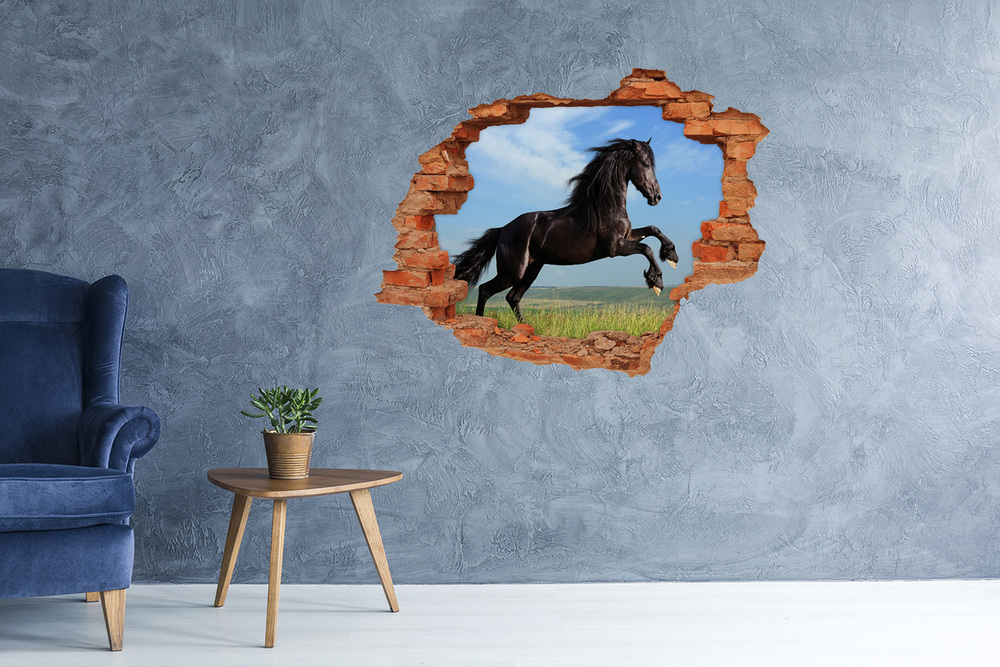 3D wall hole Black horse in the meadow