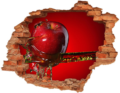 3D wall hole wallpaper Red apple in concrete