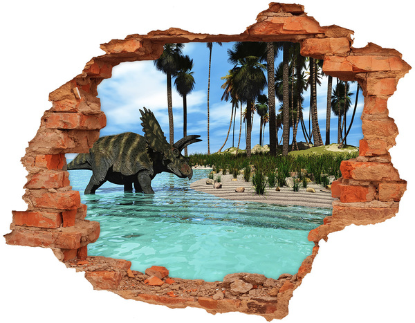 3D wall hole wallpaper Dinosaur in a tropical paradise
