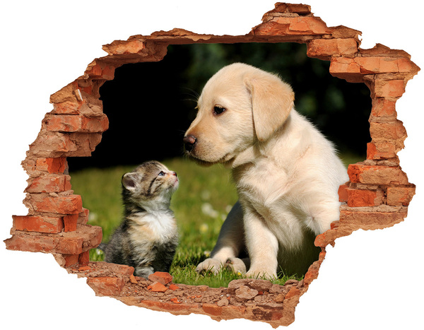 Hole wall sticker A dog and a cat in the meadow