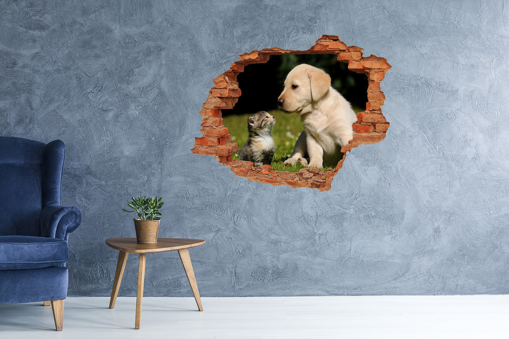 Hole wall sticker A dog and a cat in the meadow