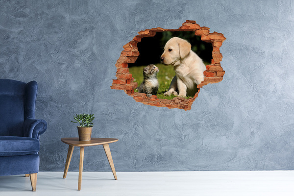 Hole wall sticker Dog and cat friendship