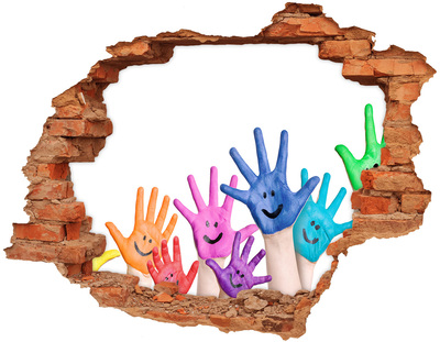 Hole in the wall sticker Joyful hands against the background of concrete