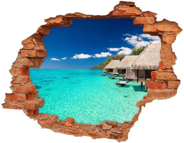 3D wall hole wallpaper Paradise Lagoon among the Bungalows