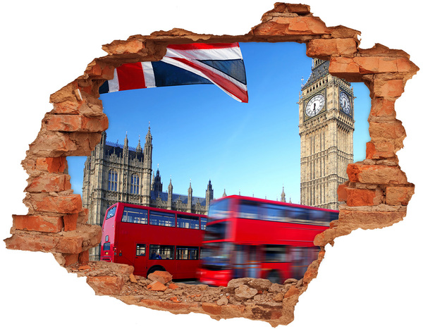 Hole wall sticker London skyline with a red bus