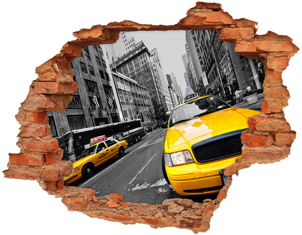 Hole wall sticker New York taxis in action