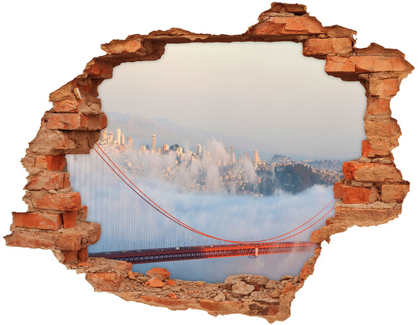 3D wall hole Golden Gate Bridge in the clouds