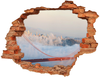 3D wall hole Golden Gate Bridge in the clouds