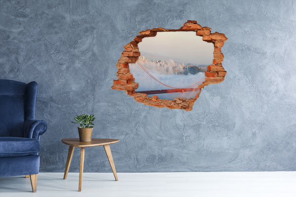 3D wall hole Golden Gate Bridge in the clouds