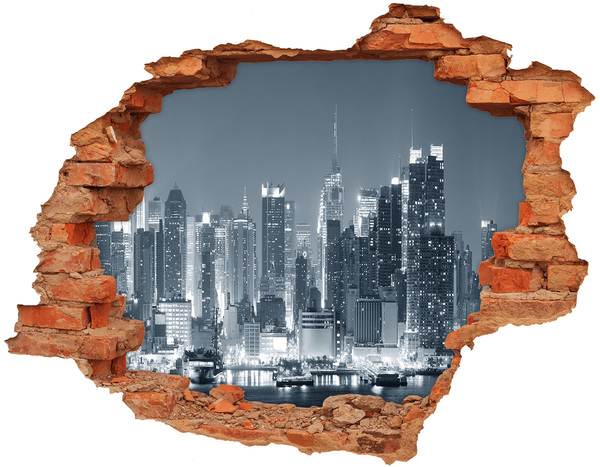 3D wall hole New York skyline at night