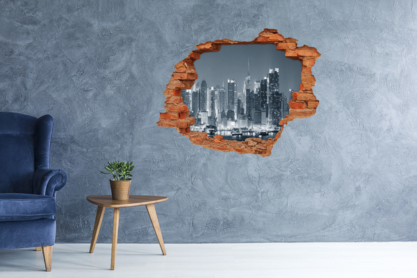 3D wall hole New York skyline at night