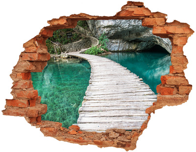 3D wall hole wallpaper Mysterious bridge over turquoise water