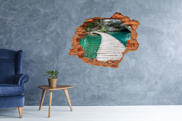 3D wall hole wallpaper Mysterious bridge over turquoise water