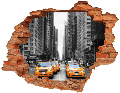 3D wall hole wallpaper New York City Taxis in the Urban Landscape
