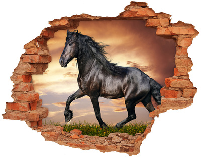 3D wall hole wallpaper Wild horse against the sunset background