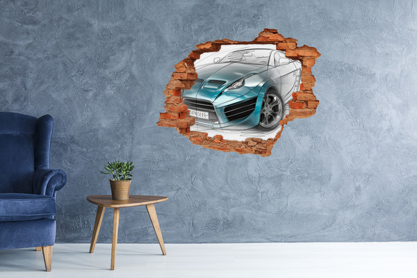 3D wall hole wallpaper Sports car in a hole in the wall