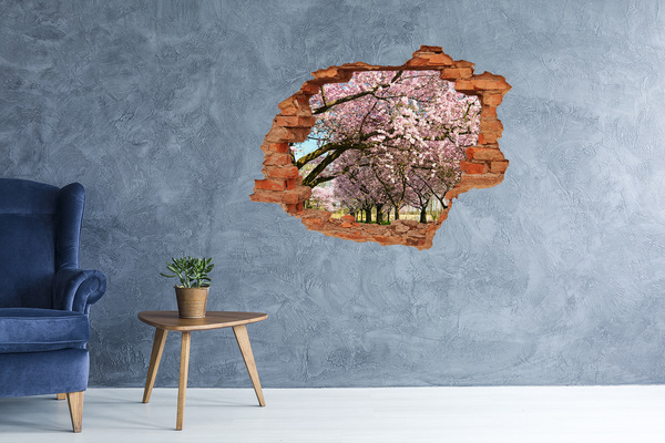 3D wall hole Blossoming cherry trees in the spring park