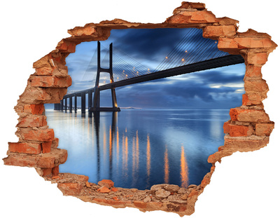 3D wall hole wallpaper A bridge over the water in a night scene
