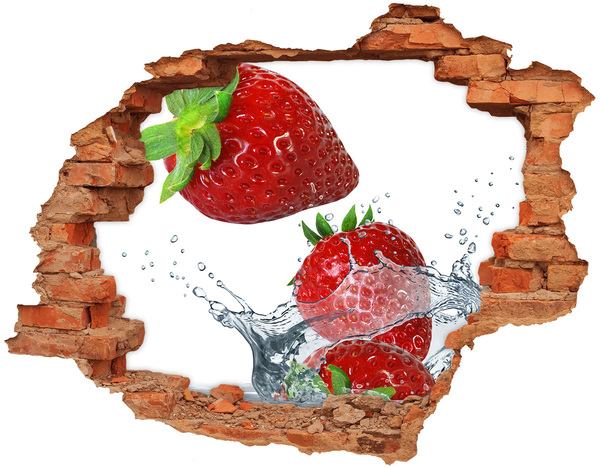 3D wall hole wallpaper Juicy strawberries in water