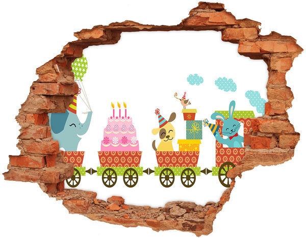 3D wall hole wallpaper Train with presents and birthday cake