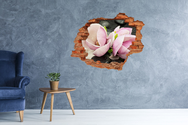 3D wall hole wallpaper Magnolia flowers through a hole in the wall