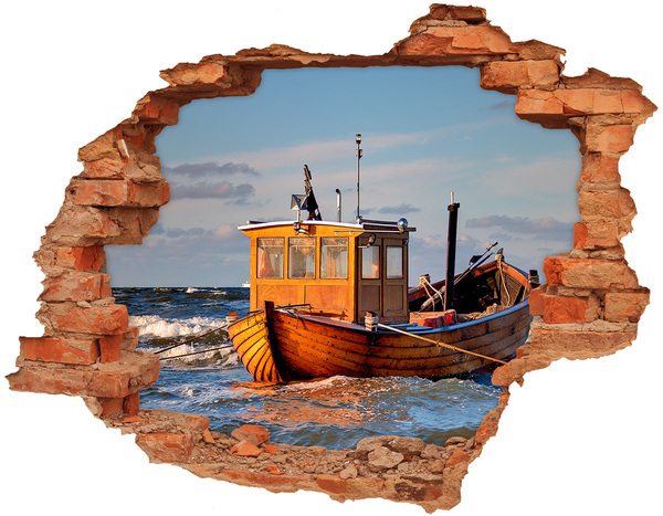 Hole wall sticker A bay with a fishing boat