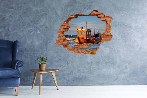 Hole wall sticker A bay with a fishing boat