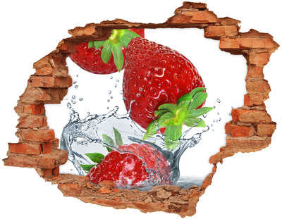 3D wall hole wallpaper Juicy strawberries in a water explosion