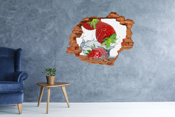 3D wall hole wallpaper Juicy strawberries in a water explosion