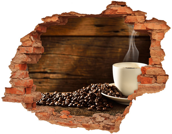 Hole wall sticker Coffee and beans on a wooden background