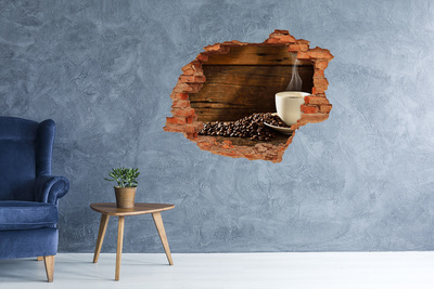 Hole wall sticker Coffee and beans on a wooden background