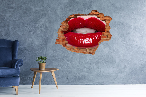 Hole wall sticker Red lips in a hole in the wall