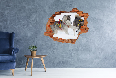 3D wall hole wallpaper Siberian Huskies in action