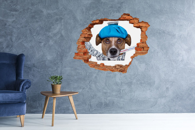 Hole in the wall sticker Sick dog in a hat