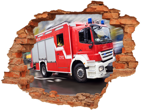 Hole wall sticker Fire truck in action