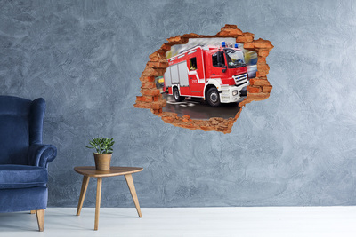 Hole wall sticker Fire truck in action