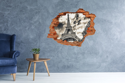 3D wall hole The Eiffel Tower in the clouds