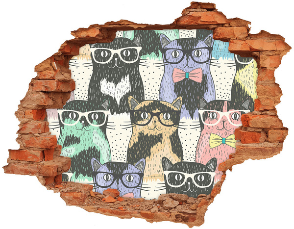 3D wall hole wallpaper Cats with glasses