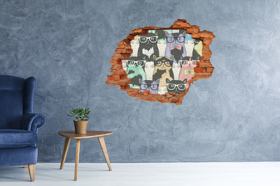 3D wall hole wallpaper Cats with glasses