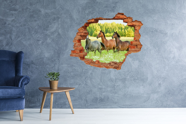 3D wall hole wallpaper Running horses in nature