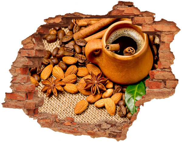 3D wall hole wallpaper Coffee beans and mug