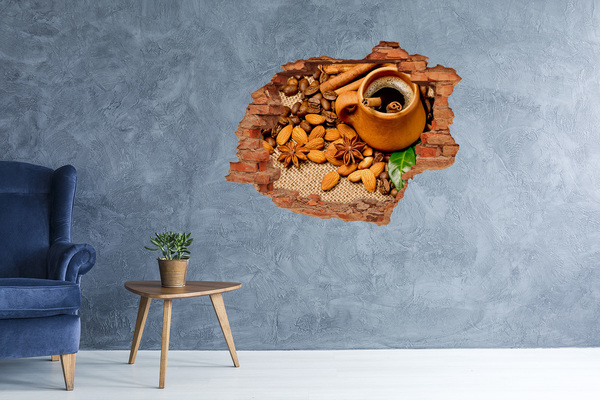 3D wall hole wallpaper Coffee and spices in a rustic style